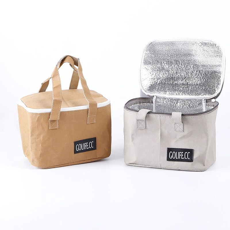 Eco-Friendly Reusable Washable Kraft Paper Cooler Bag Thermal Insulation Lunch Bag