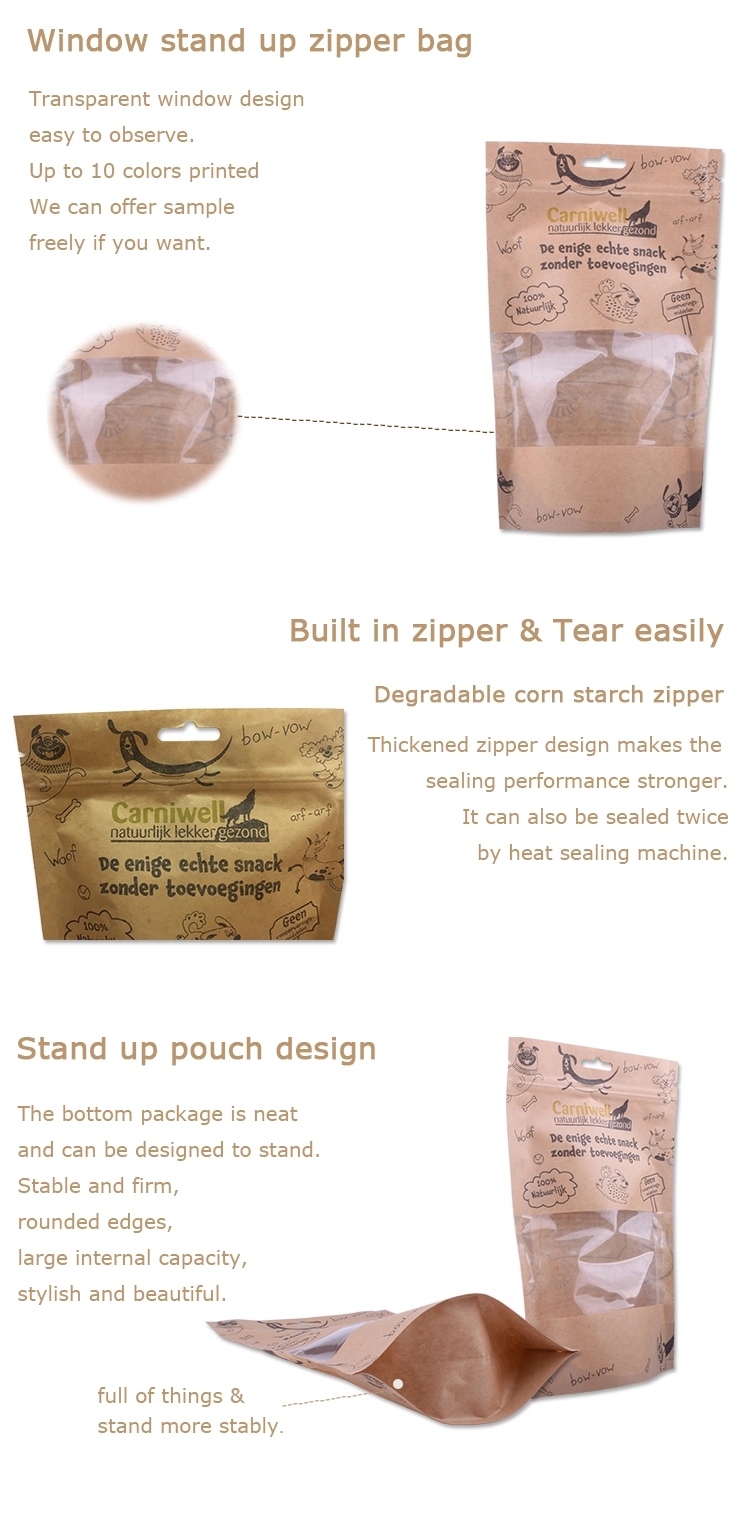 Biodegradable Plastic Zipper Stand-up Pouch Kraft Paper Zip Lock Pet Food Bag for Dog Cat Treat Fish Feed Candy Snack Coffee Packaging with Window